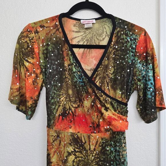 Vintage Elizabeth Jersey Knit Y2K Babydoll Midi Dress Tie Back Waist XL Sparkle - Picture 3 of 8